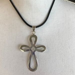 NEW! Solid 925 Cross on Leather Cord - 16"+2" ext